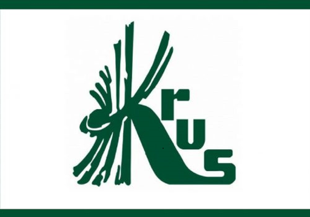 Obraz przedstawia logo Krusu, to jest zielony napis „KRUS”