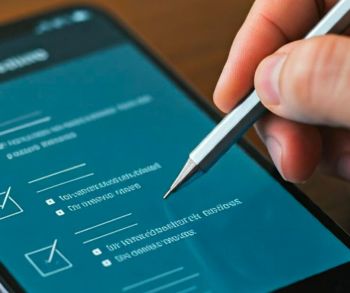 Plakat przedstawia smartfona na&nbsp;kt&oacute;rym wyświetlana jest przykładowa  ankieta wypełniana za pomocą rysika do ekran&oacute;w dotykowych.